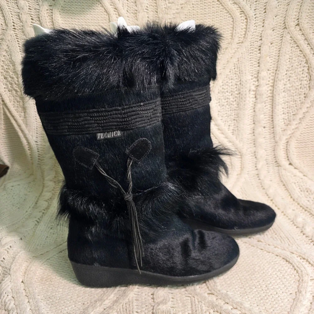 VTG Tecnica Snow Boots Black FULL‎ GOAT HAIR Mid Calf Rare Womens 39 Excellent